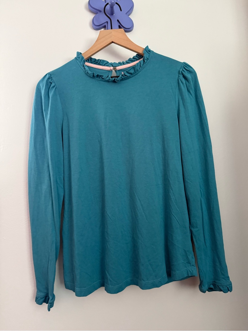 Boden US 12 Ruffle Crew Neck Long Sleeve Tee Teal Relaxed Office Preppy Work